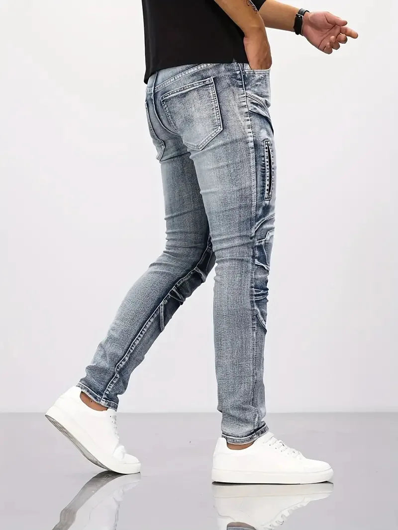 Two-Tone Distressed Slim Straight Jeans