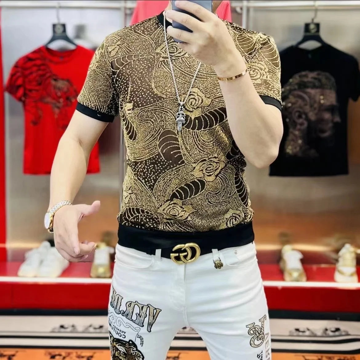 Hollow Mesh Printed Casual T-Shirt