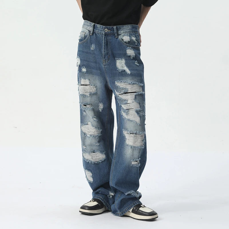 Blue Denim Ripped Loose Decor Jeans
