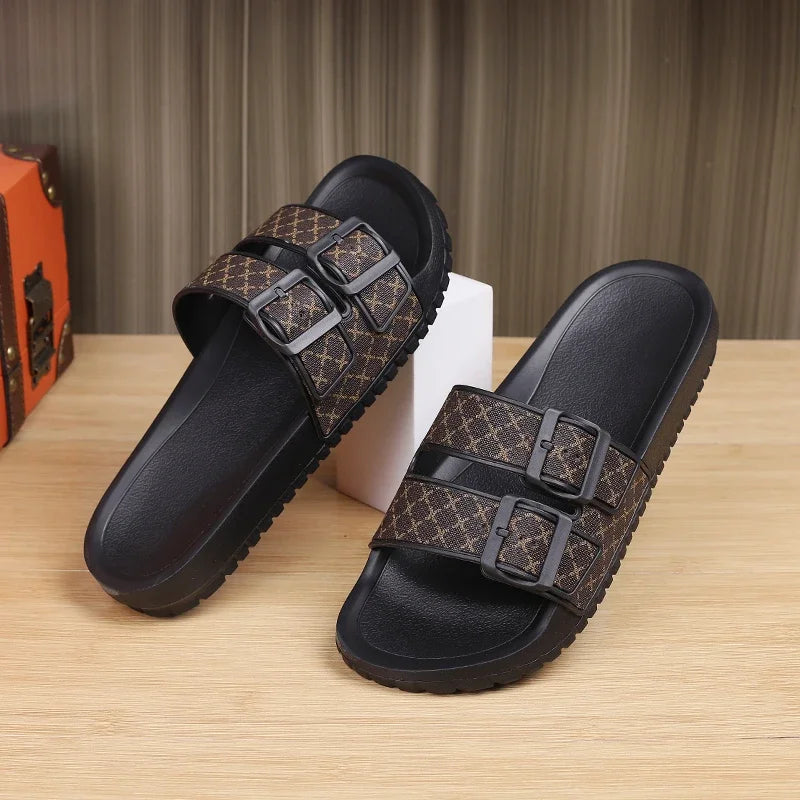 Double Buckle Geometric Slip-On Sandals