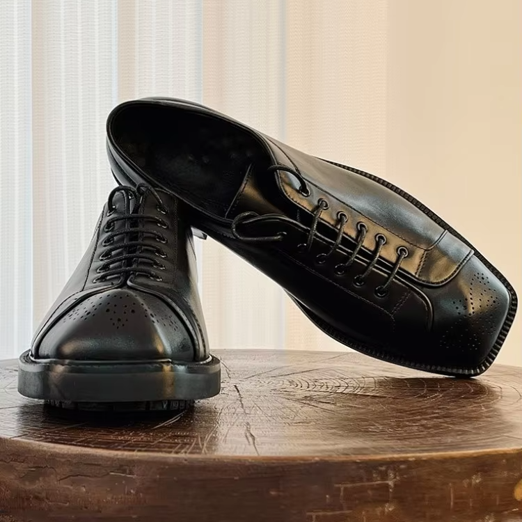 Square Toe Solid Black Leather Shoes