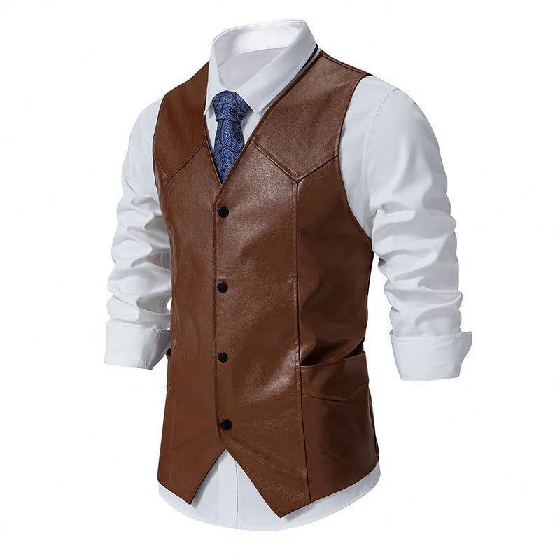 Single-Breasted Solid Faux Leather Vest