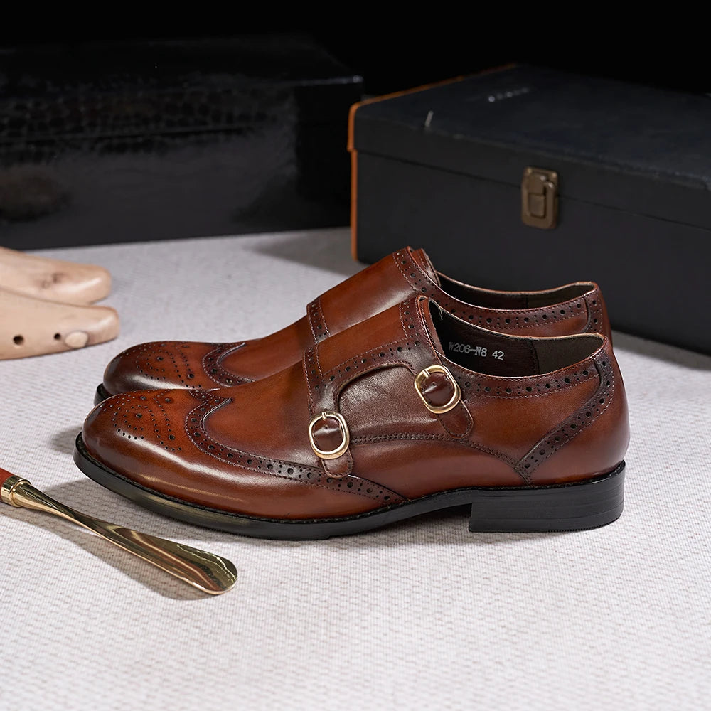 Classic Double Buckle Leather Monk Shoes