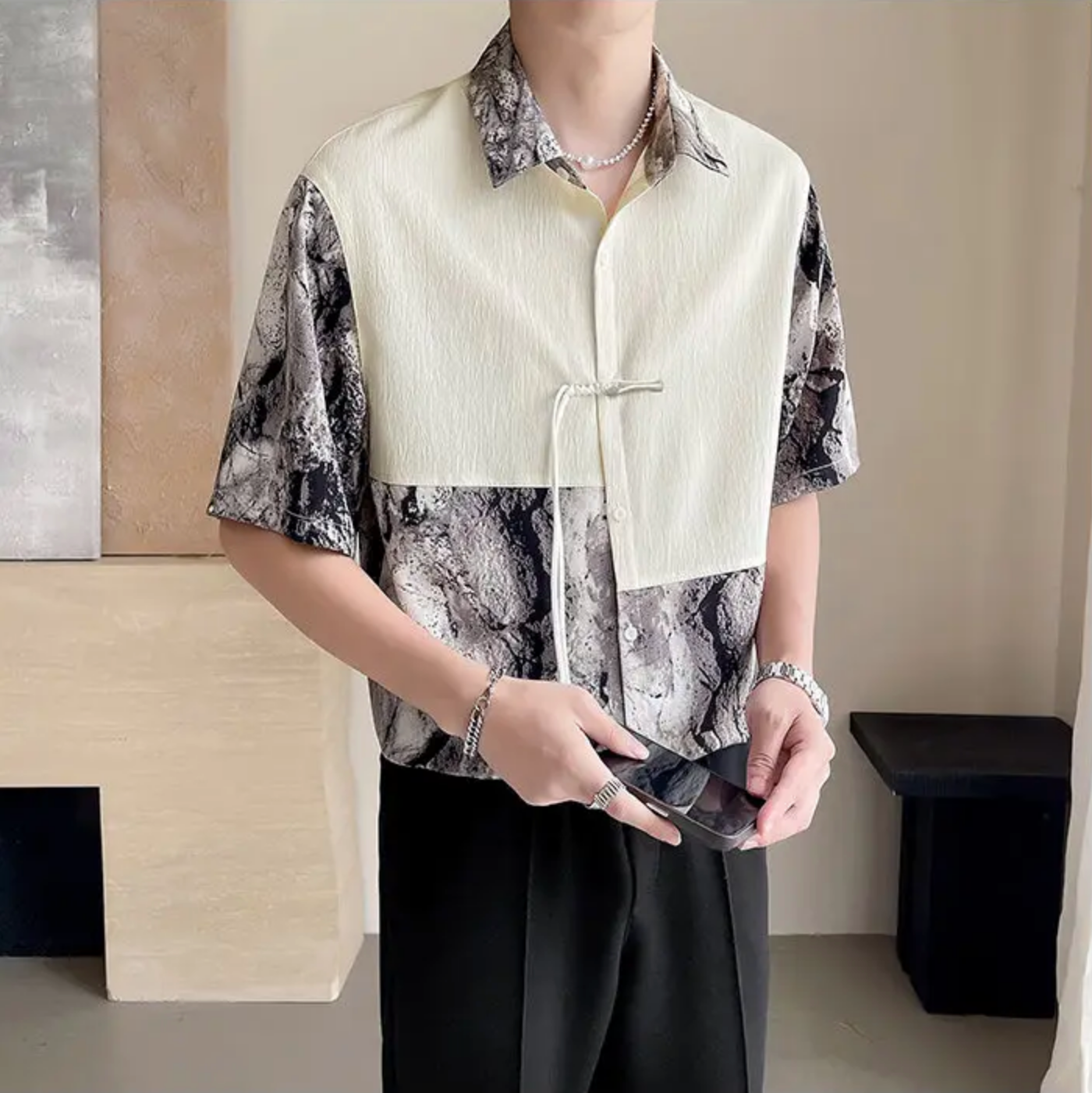 Contrast Patchwork Abstract Printed Shirt