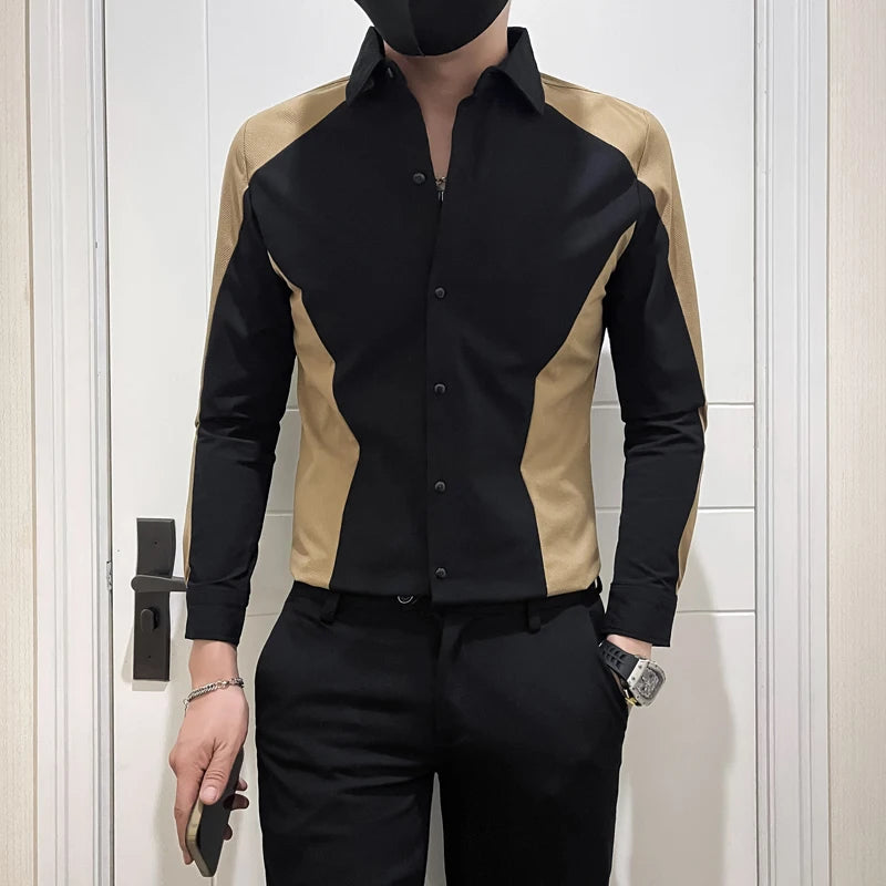 Gold Patchwork Color Long-Sleeved Shirt