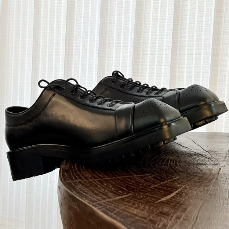 Square Toe Solid Black Leather Shoes