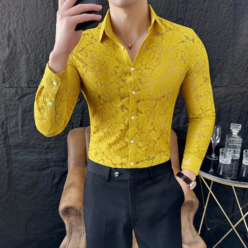 Solid Transparent Lace Slim Fit Shirt