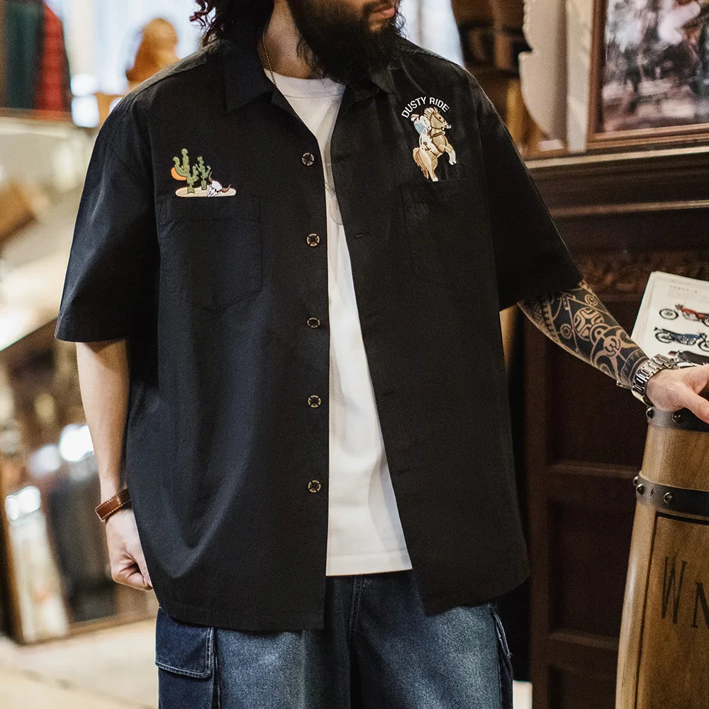 Single-Breasted Embroidered Black Cotton Shirt