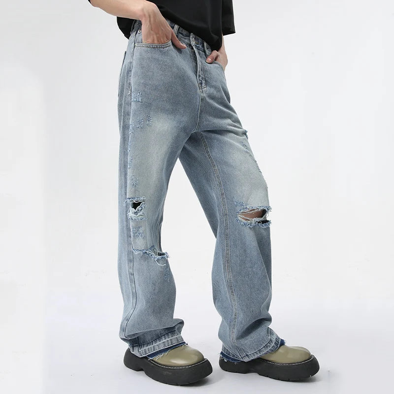 Light Blue Worn-out Hole Design Men's Jeans