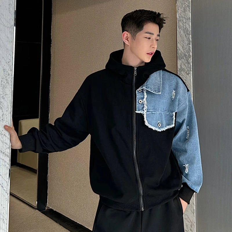 Denim Patchwork Hooded Jacket