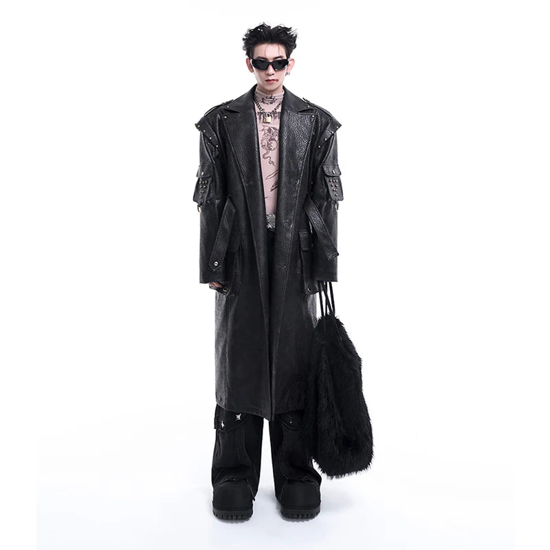 Black Button Rivet Desing Leather Coat