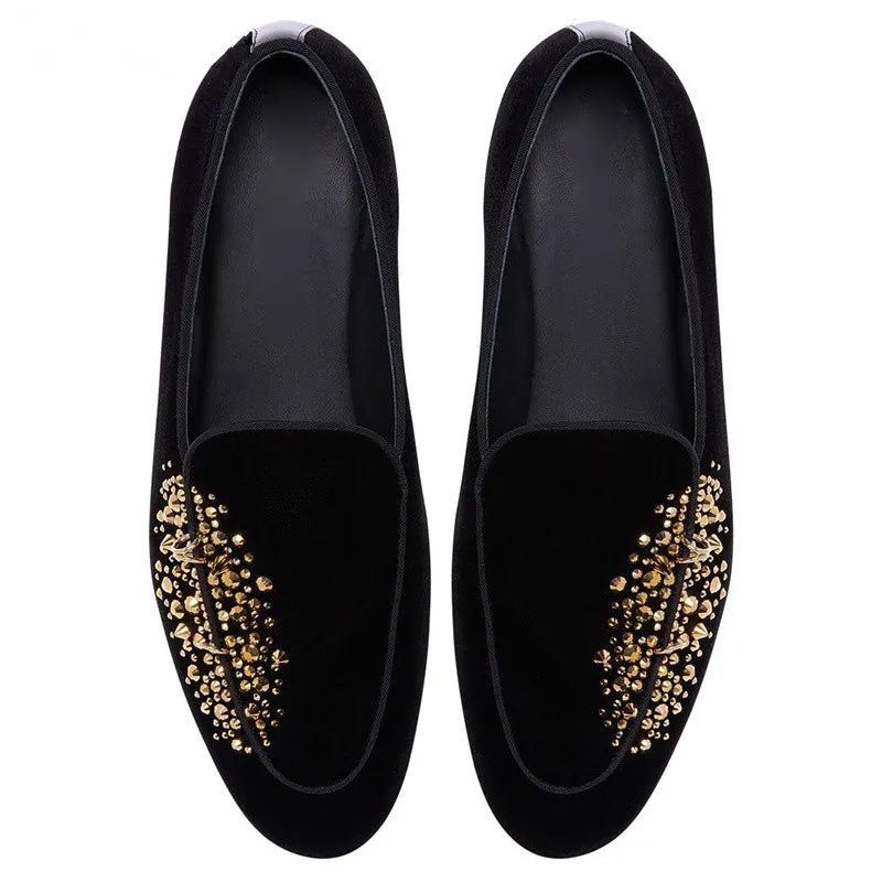 Studs Spike Black Blue Velvet Loafers