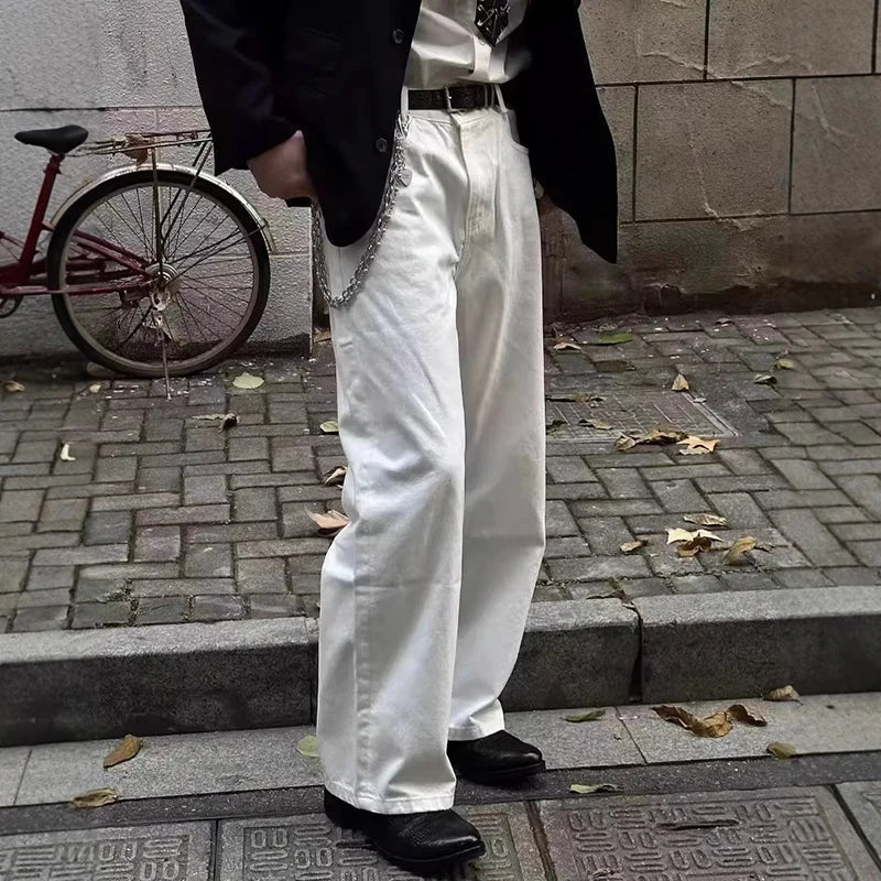 White Solid Color Straight Jeans