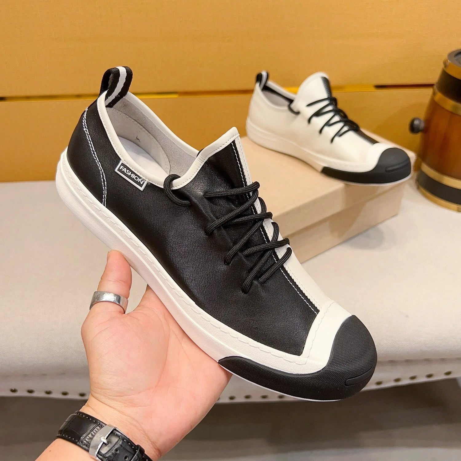 Split Color Black & White Leather Sneakers