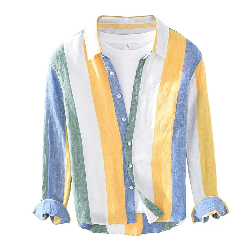 Linen Long-Sleeved Color Block Shirt