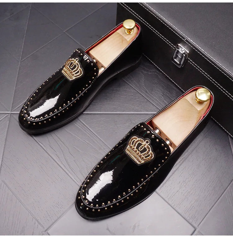 Crown Embroidery Black PU Loafers