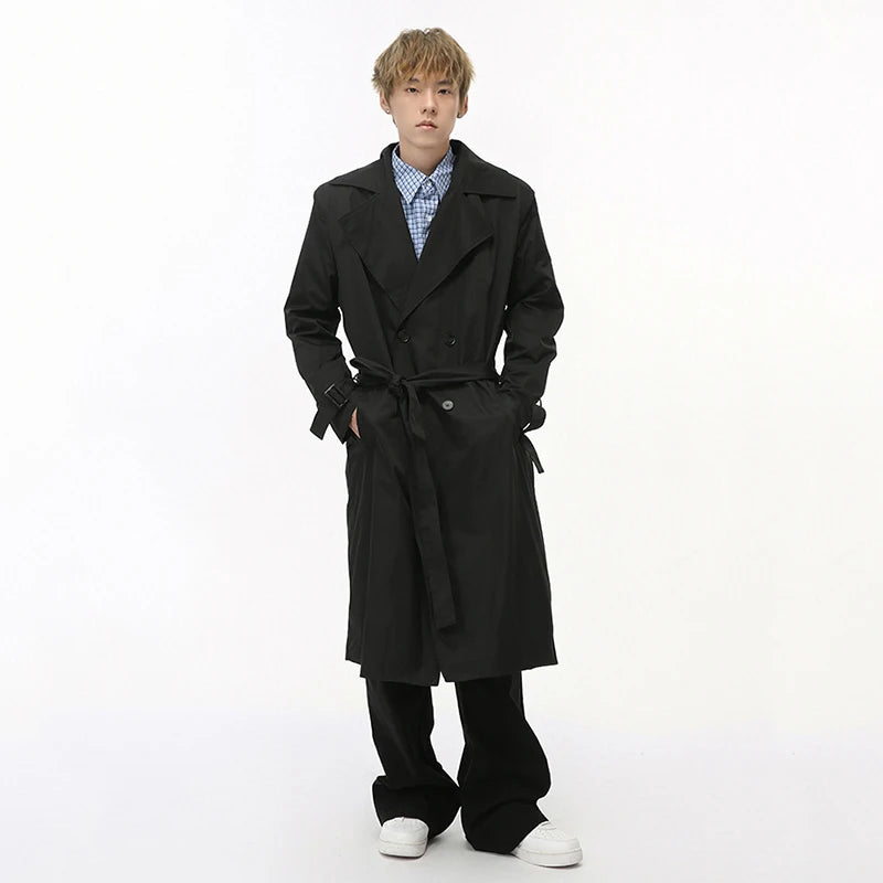 Belt Double-Breasted Solid Lapel Coat