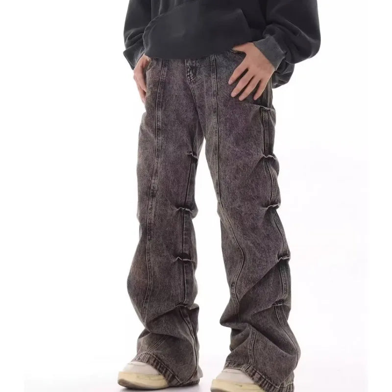 Side Pleated Design Distressed Jeans