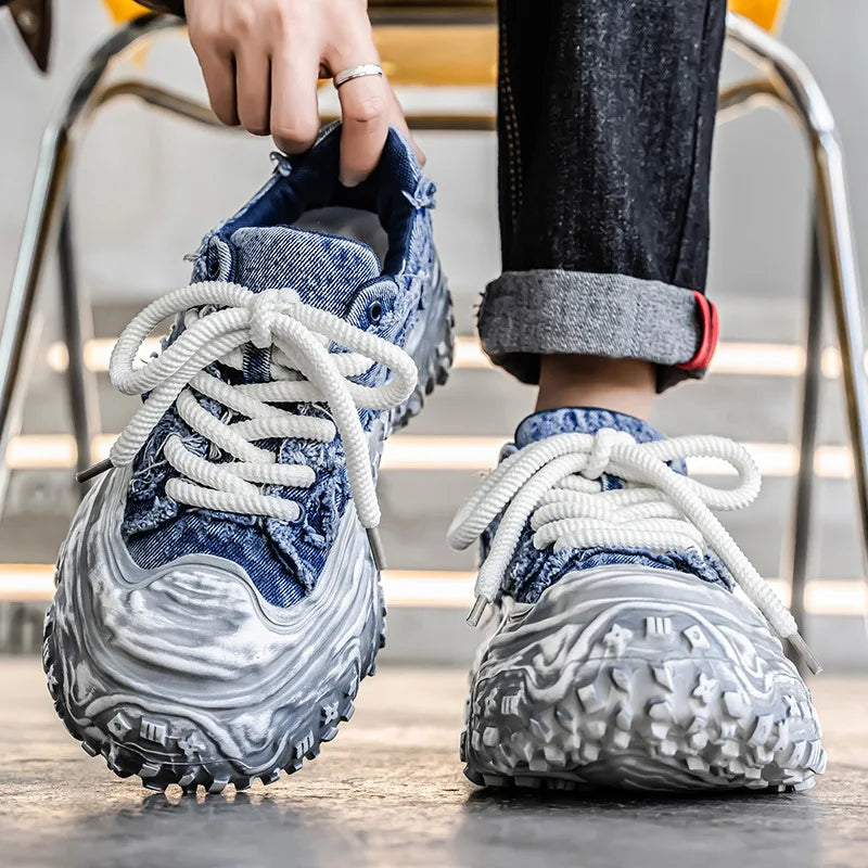 Geometric Distressed Denim Chunky Sneakers