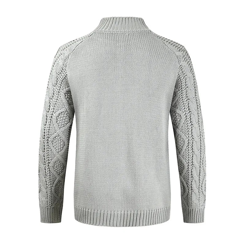 Solid Fitted Cable-knit Stand Collar Cardigan