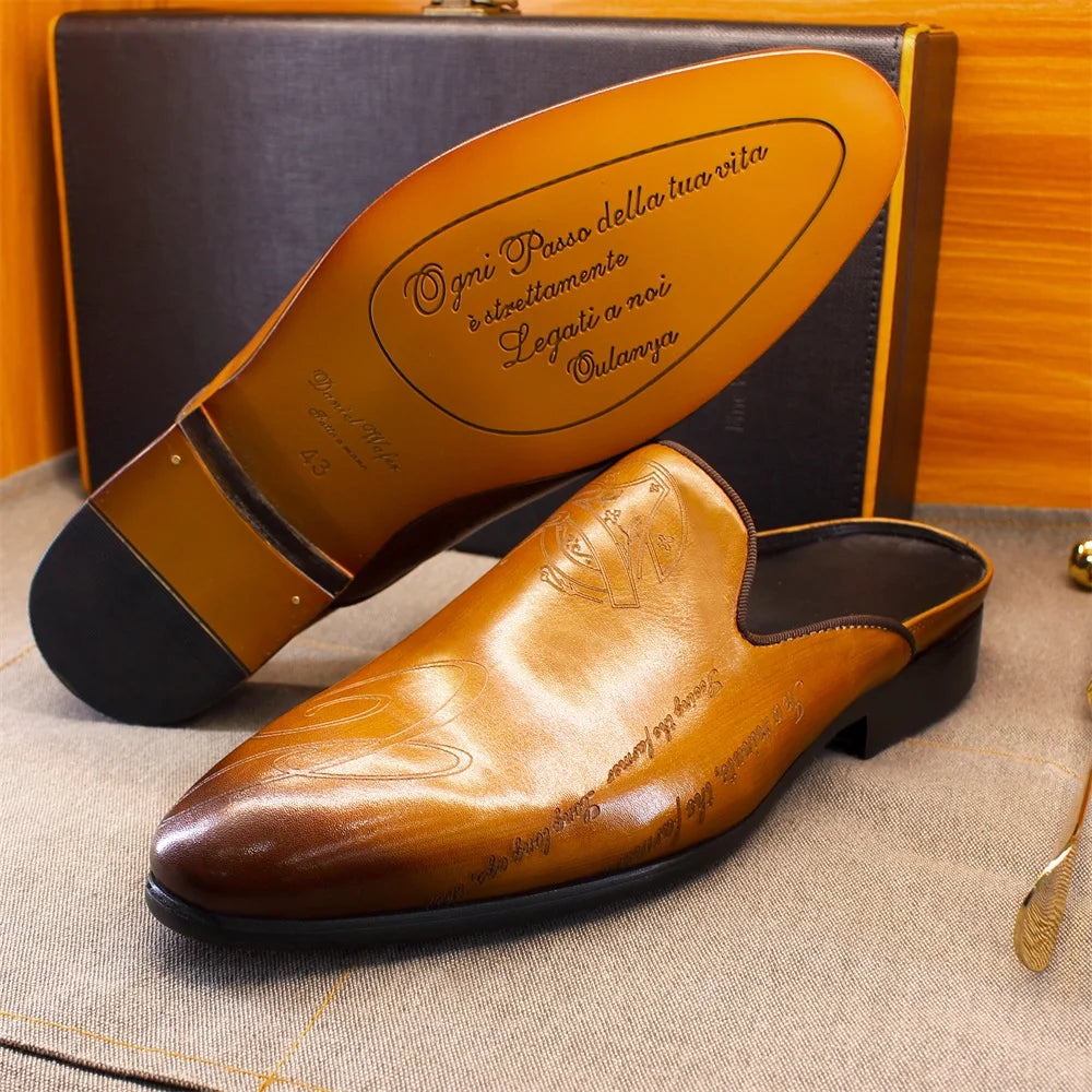 Letter Engraving Leather Mules Shoes