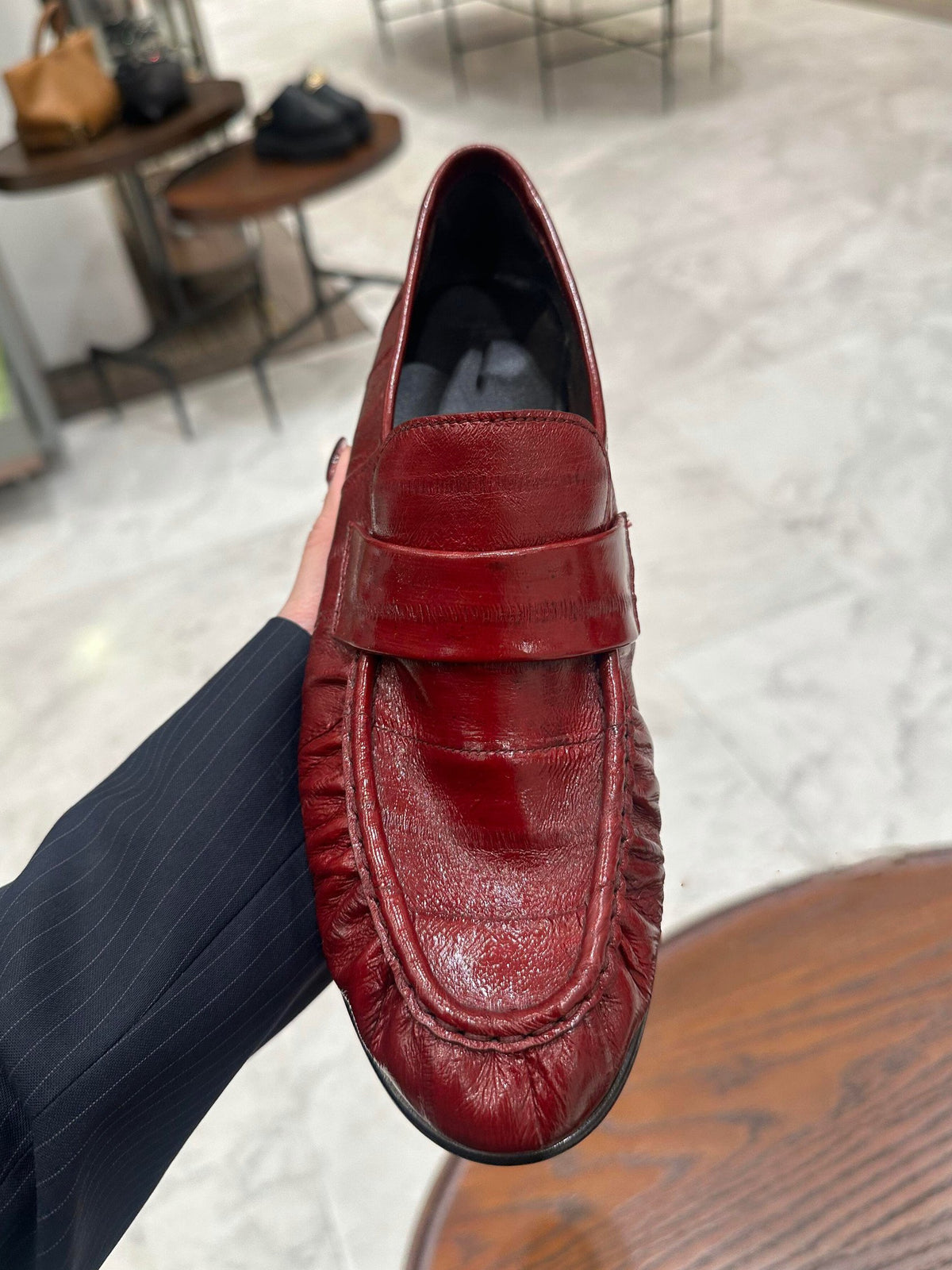 Burgundy Red Ruched Leather Loafers