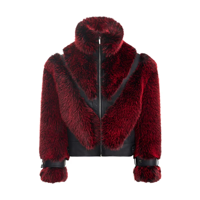 Leather Patchwork Imitation Fur Jacket