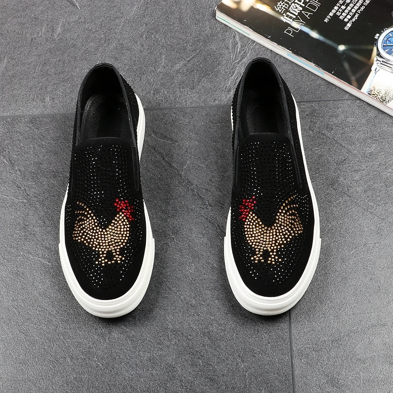 Chicken Rhinestone Pattern Black Loafers