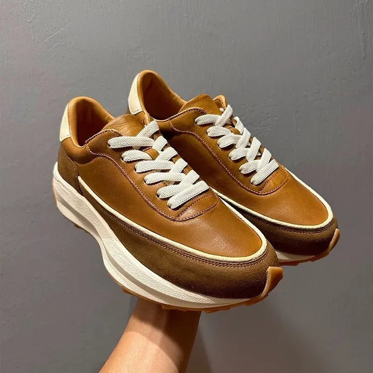 Brown Genuine Leather Chunky Sole Sneakers