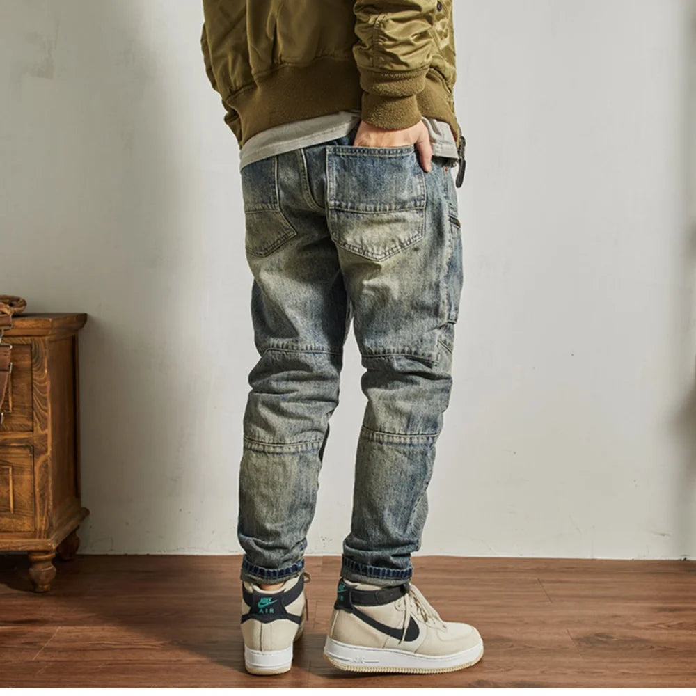 Zip Pockets Panel Stitching Denim Jeans