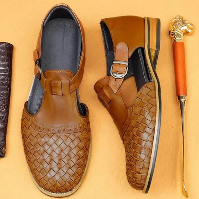 Retro Woven Pattern Leather Shoes