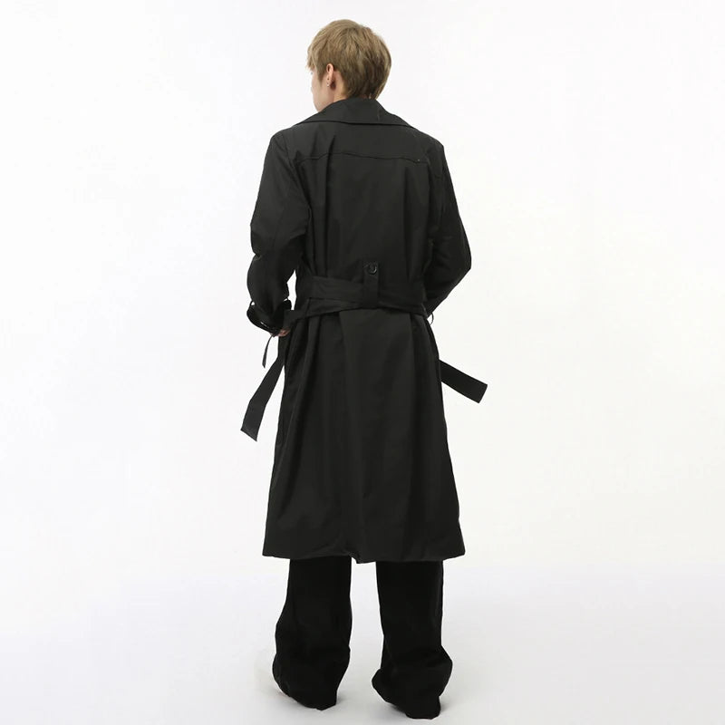 Belt Double-Breasted Solid Lapel Coat