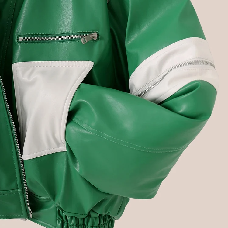 Green and White Pu Leather Jacket