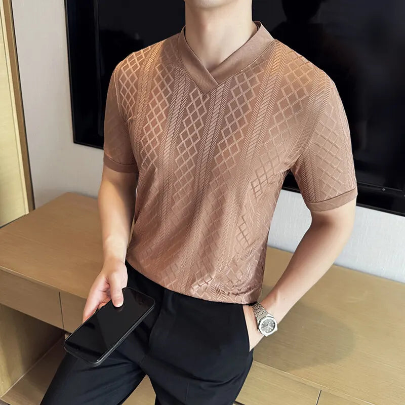 Geometric V-Neck Breathable T-Shirt