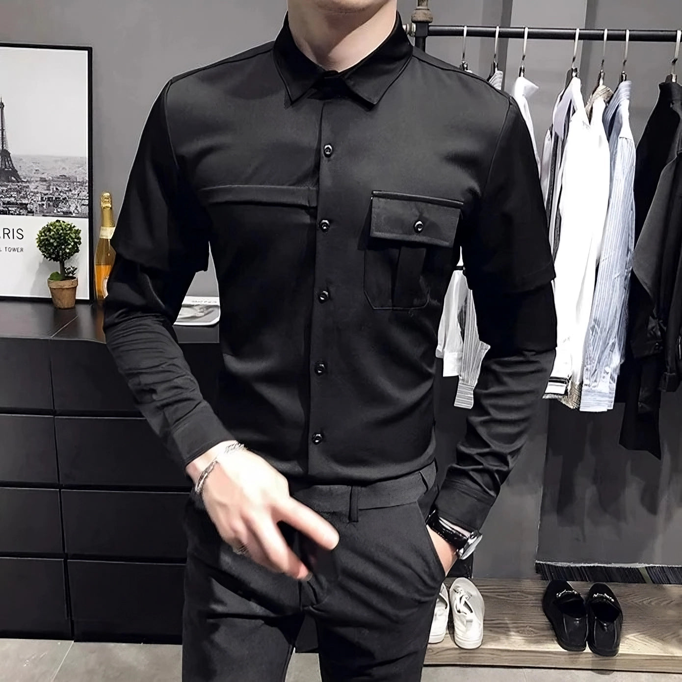 Black White Fashion Slim Long Sleeve Shirt
