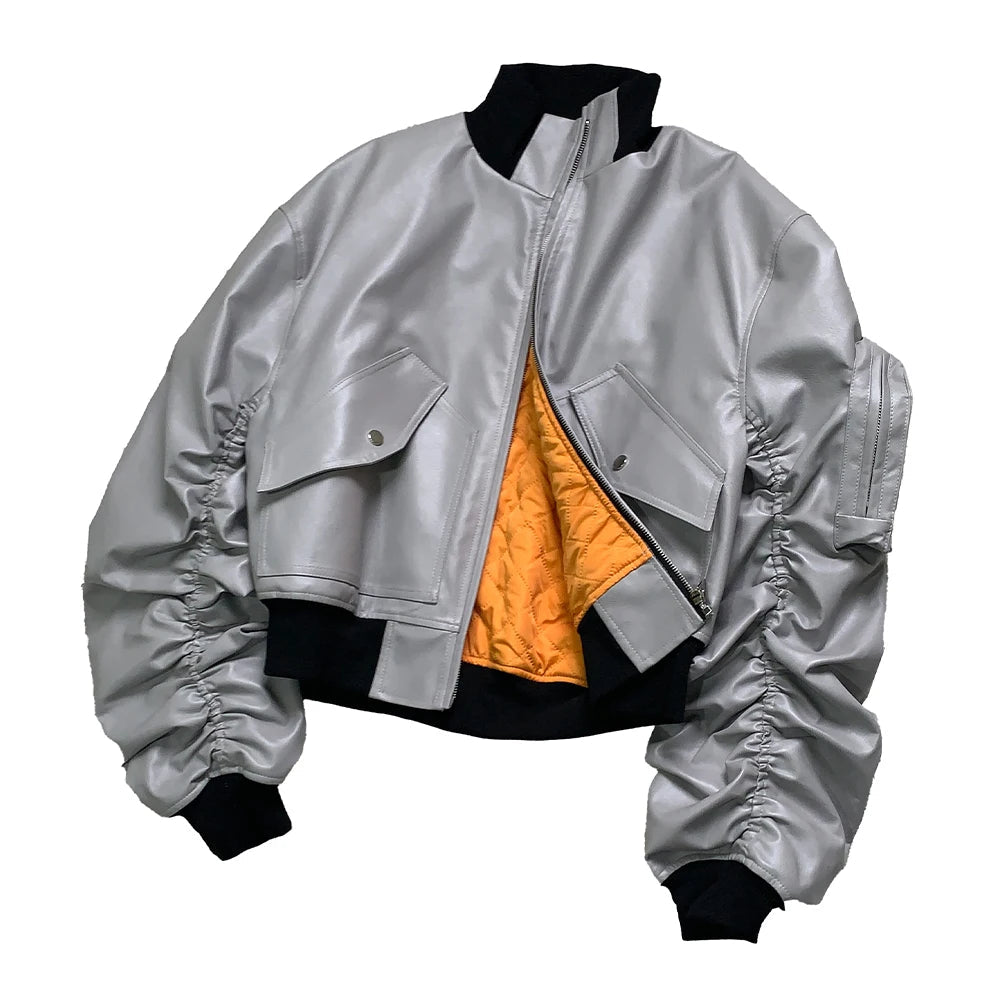 Silver Faux Leather Bomber Jacket