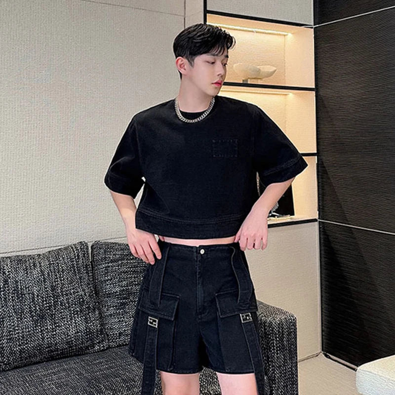 Solid Casual Denim Cargo Short Set