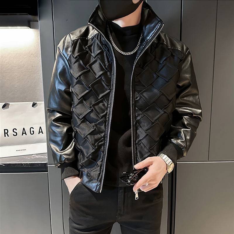 PU Synthetic Leather Diamond Pattern Black Jacket
