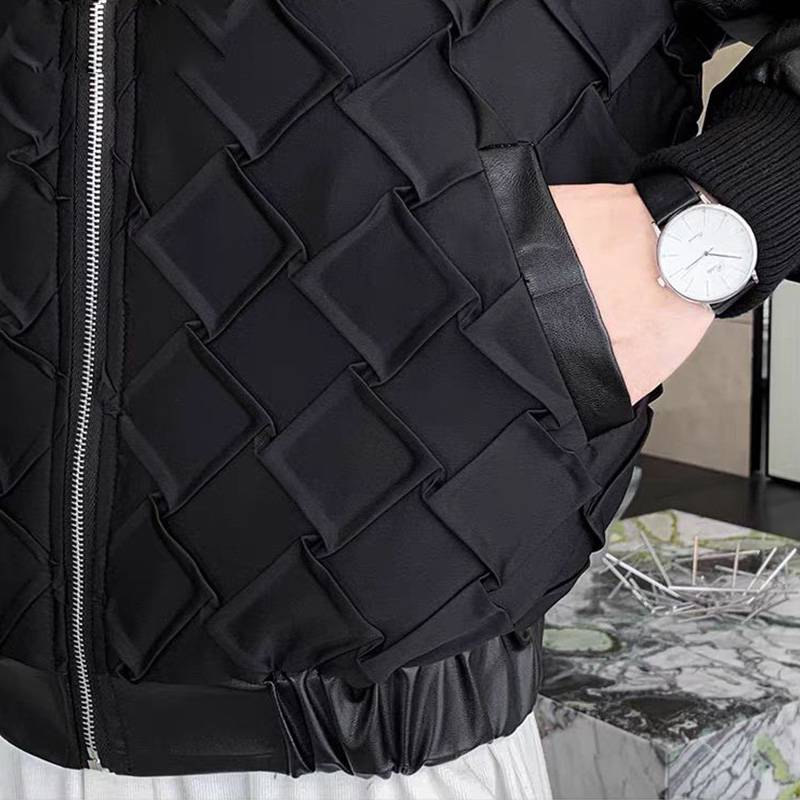 PU Synthetic Leather Diamond Pattern Black Jacket