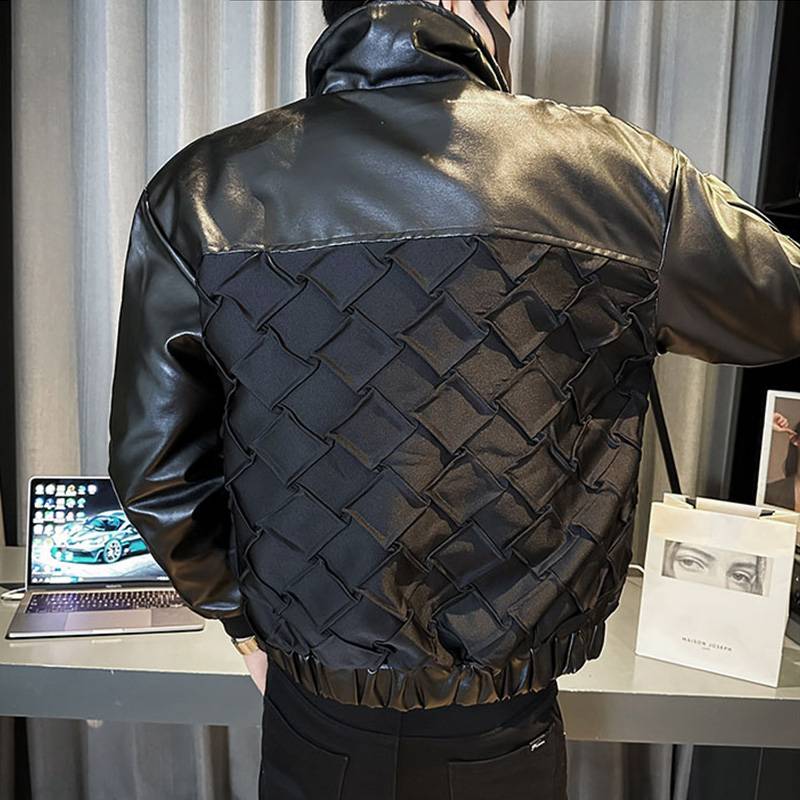 PU Synthetic Leather Diamond Pattern Black Jacket