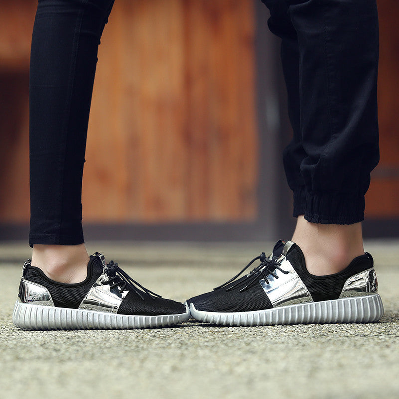 Unisex Air Mesh Glossy Gold Men and Women Lace Up Casual Sneakers Shoes - FanFreakz