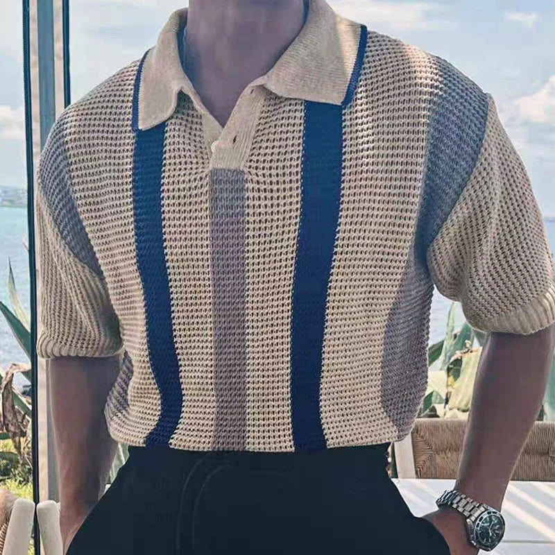 Stylish Striped Hollow Out Knit Polo Shirt