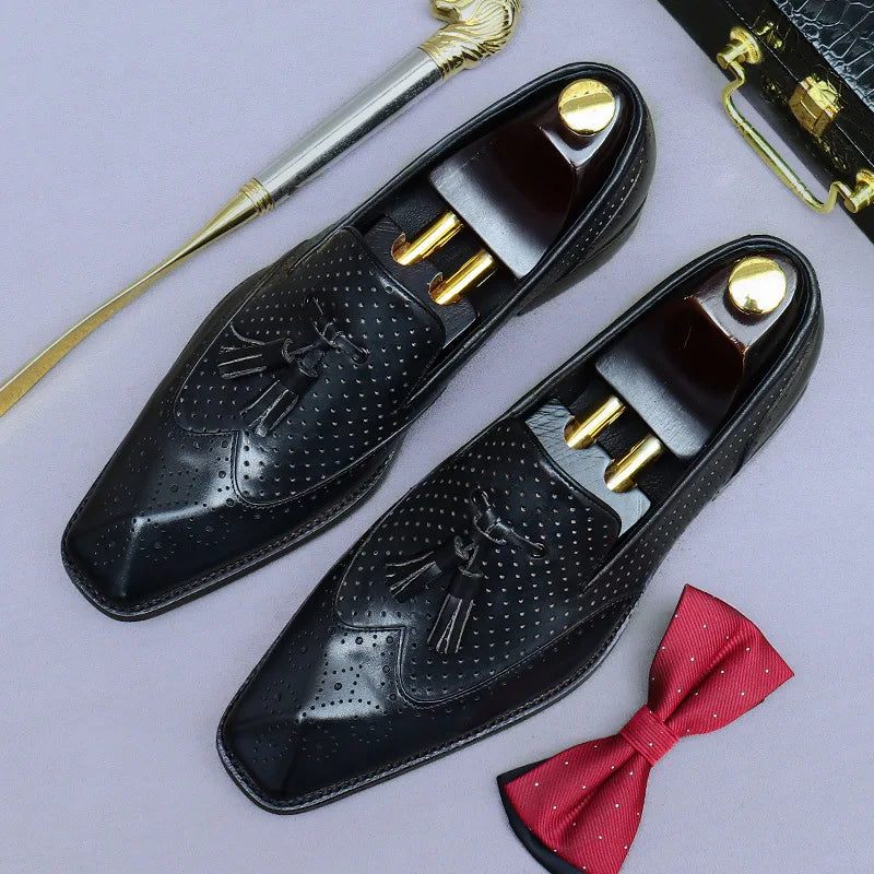 Tassel Hollow Dots Leather Wingtip Loafers