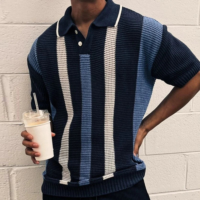 Stylish Striped Hollow Out Knit Polo Shirt