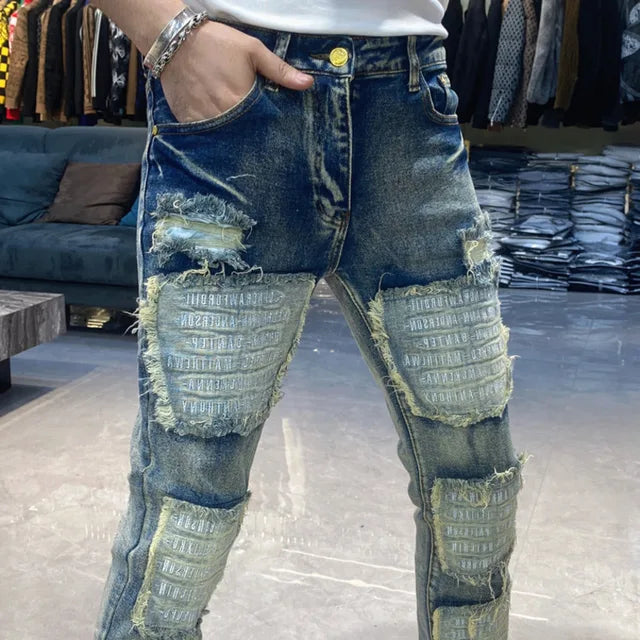 Streetwear Retro Ripped Patch Jeans