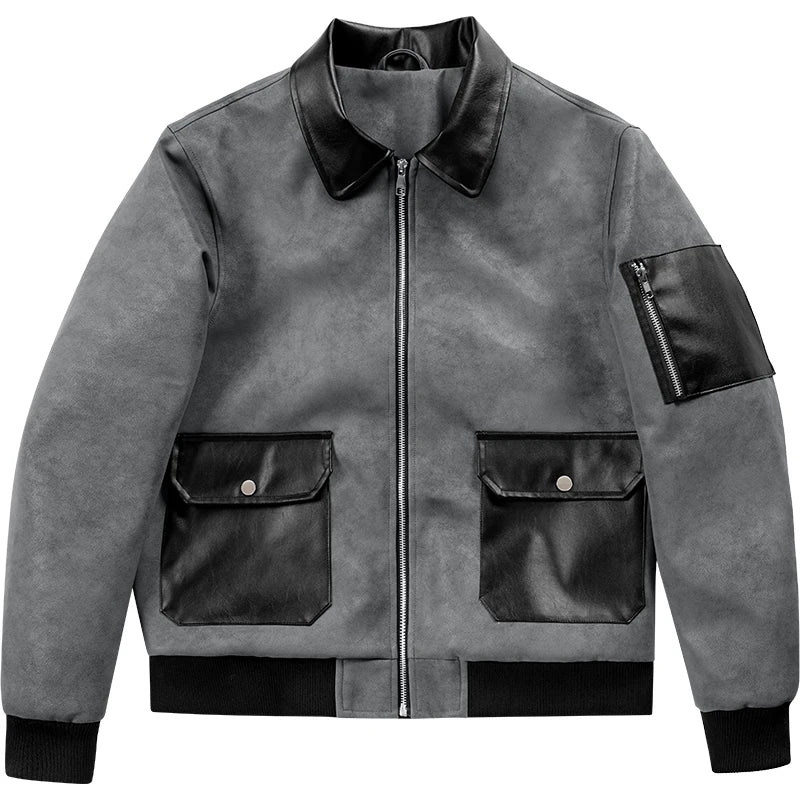 Leather Rib Collar Patchwork Bomber Jacket