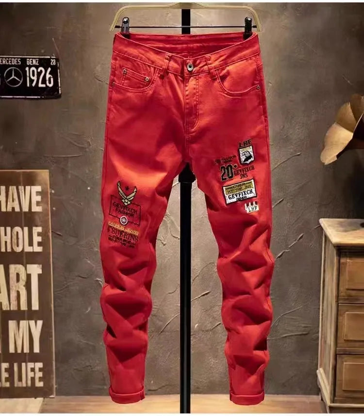 Badge Patchwork Straight Slim Fit Jeans