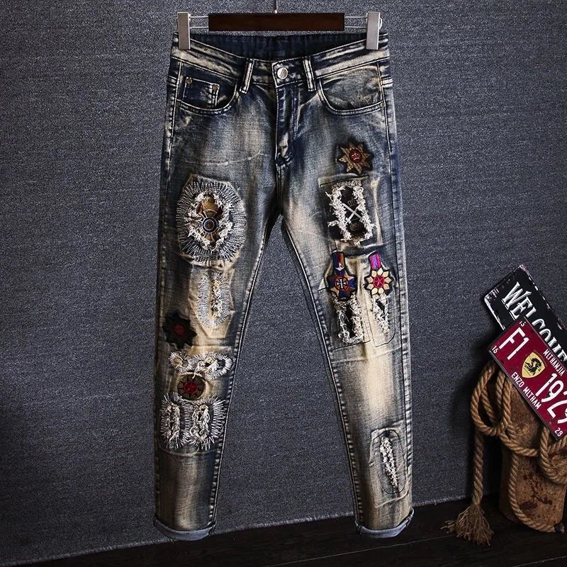 Embroidered Patch Straight Leg Jeans