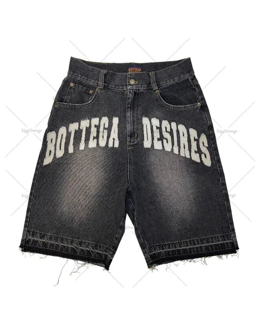Letter Embroidery Washed Denim Shorts