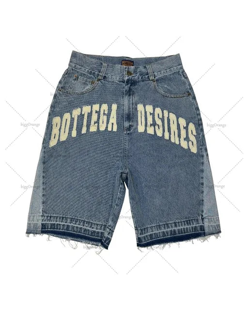 Letter Embroidery Washed Denim Shorts